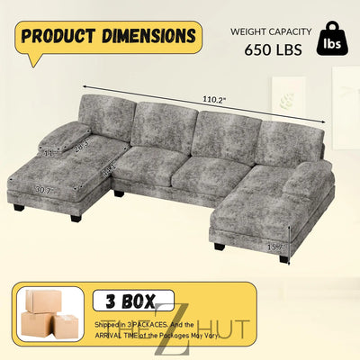 JUMMICO Sectional Couches for Living Room, U Shaped Couch with Chenille Fabric, 4 Seat Modern Sofa with Removable Pillows for Apartment and Small Space (Fabric, Grey) THE Z HUT