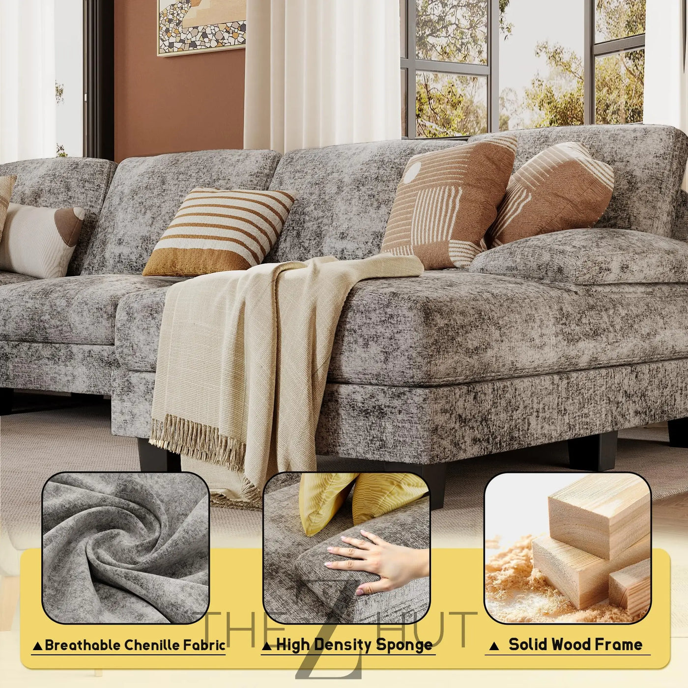 JUMMICO Sectional Couches for Living Room, U Shaped Couch with Chenille Fabric, 4 Seat Modern Sofa with Removable Pillows for Apartment and Small Space (Fabric, Grey) THE Z HUT