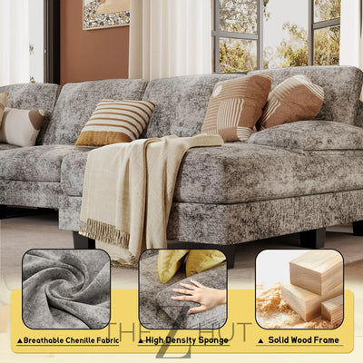 JUMMICO Sectional Couches for Living Room, U Shaped Couch with Chenille Fabric, 4 Seat Modern Sofa with Removable Pillows for Apartment and Small Space (Fabric, Grey) THE Z HUT