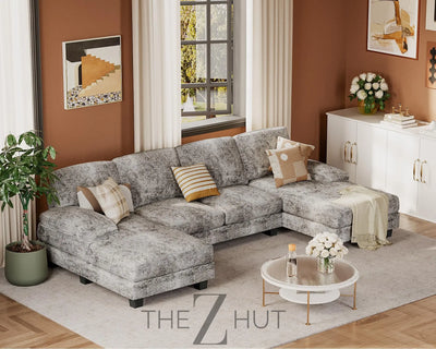 JUMMICO Sectional Couches for Living Room, U Shaped Couch with Chenille Fabric, 4 Seat Modern Sofa with Removable Pillows for Apartment and Small Space (Fabric, Grey) THE Z HUT