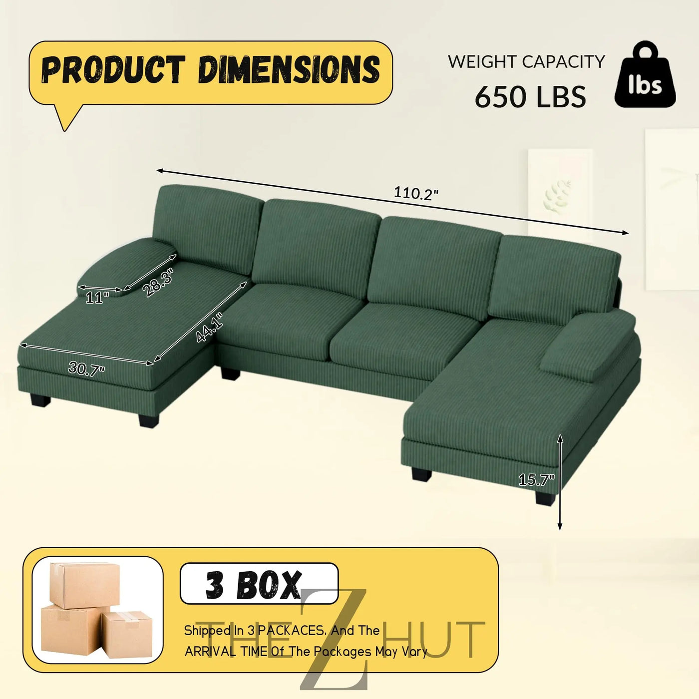 JUMMICO Sectional Couches for Living Room, U Shaped Couch with Chenille Fabric, 4 Seat Modern Sofa with Removable Pillows for Apartment and Small Space (Fabric, Grey) THE Z HUT