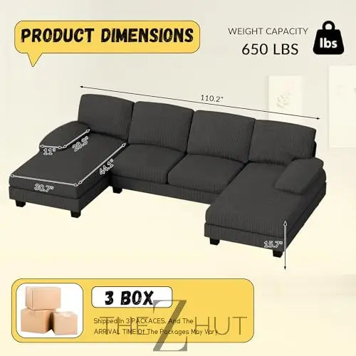JUMMICO Sectional Couches for Living Room, U Shaped Couch with Chenille Fabric, 4 Seat Modern Sofa with Removable Pillows for Apartment and Small Space (Fabric, Grey) THE Z HUT