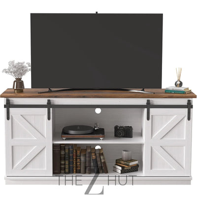 JUMMICO TV Stand for 65 Inch TV, Entertainment Center with Storage Cabinets and Sliding Barn Doors, Mid Century Modern Media TV Console Table for Living Room Bedroom (Bright White) THE Z HUT