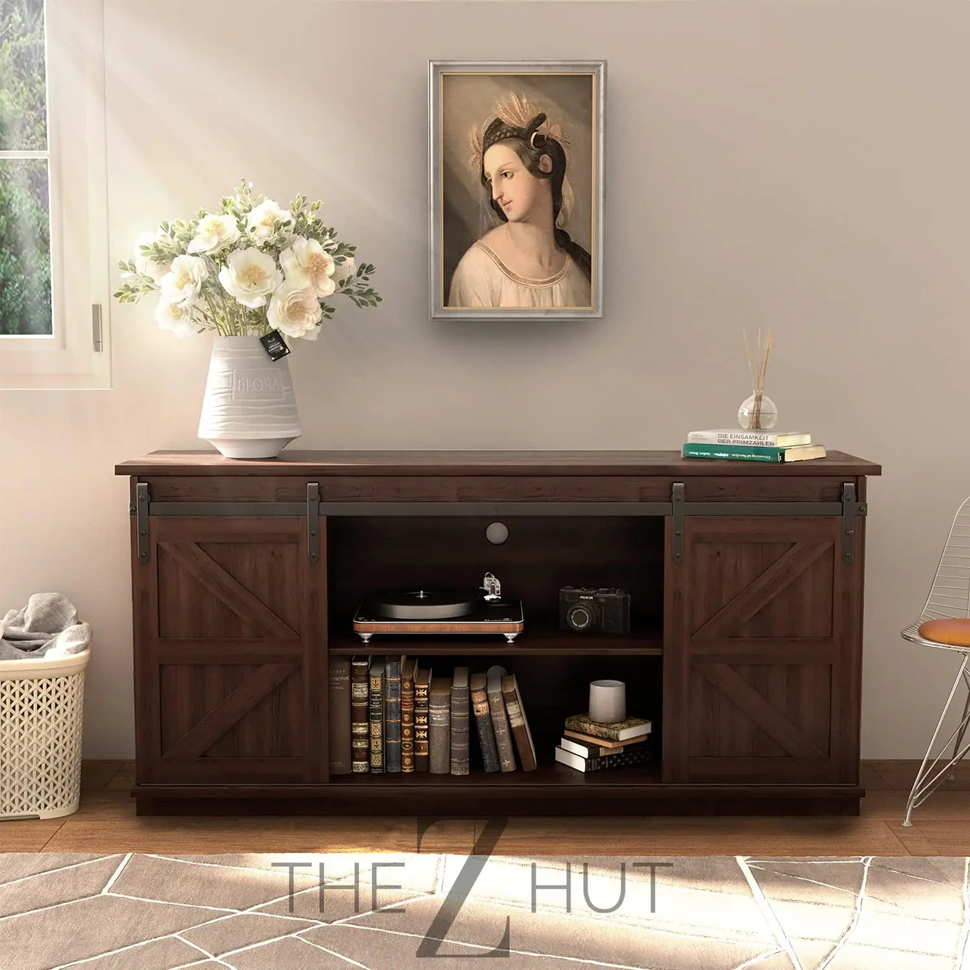 JUMMICO TV Stand for 65 Inch TV, Entertainment Center with Storage Cabinets and Sliding Barn Doors, Mid Century Modern Media TV Console Table for Living Room Bedroom (Bright White) THE Z HUT
