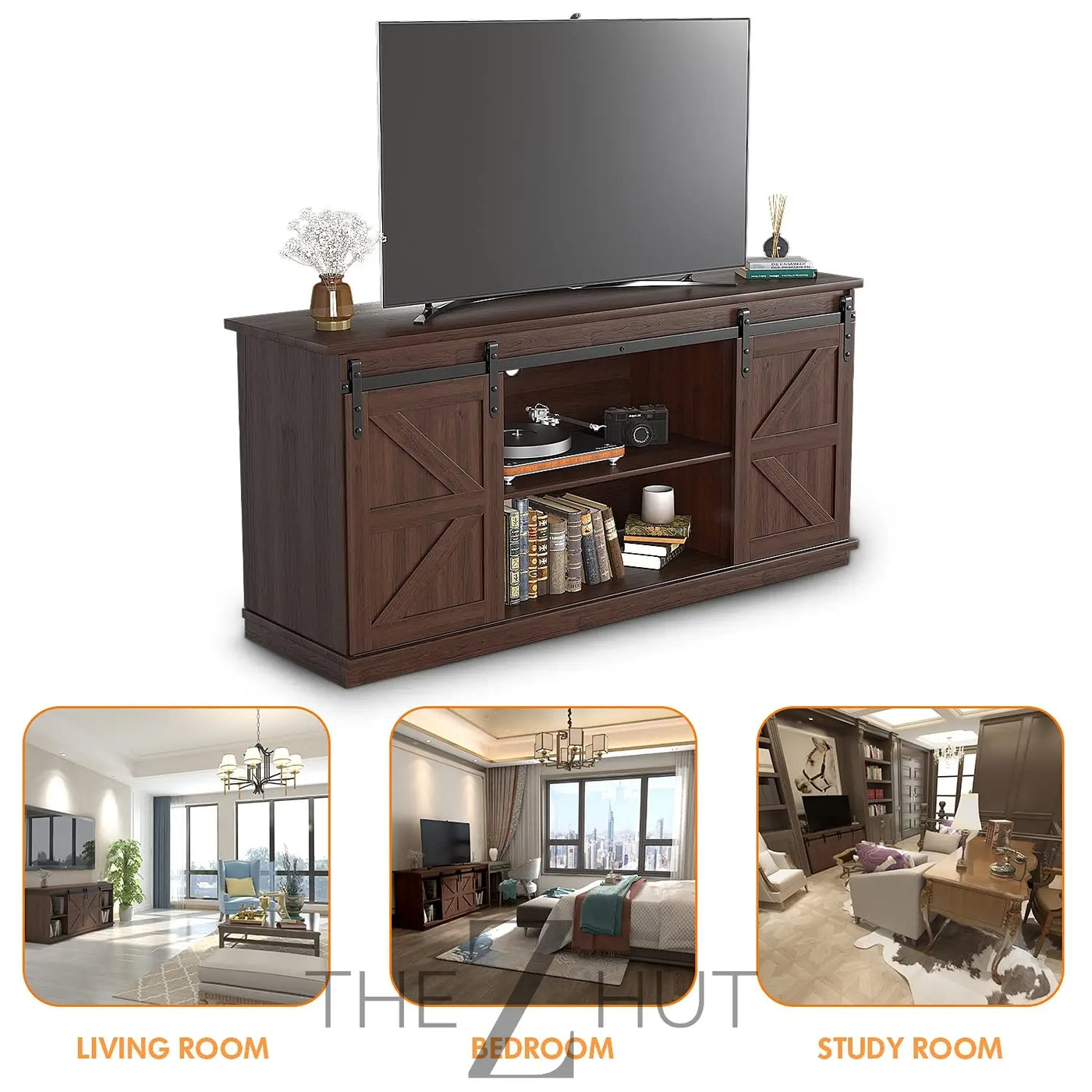 JUMMICO TV Stand for 65 Inch TV, Entertainment Center with Storage Cabinets and Sliding Barn Doors, Mid Century Modern Media TV Console Table for Living Room Bedroom (Bright White) THE Z HUT