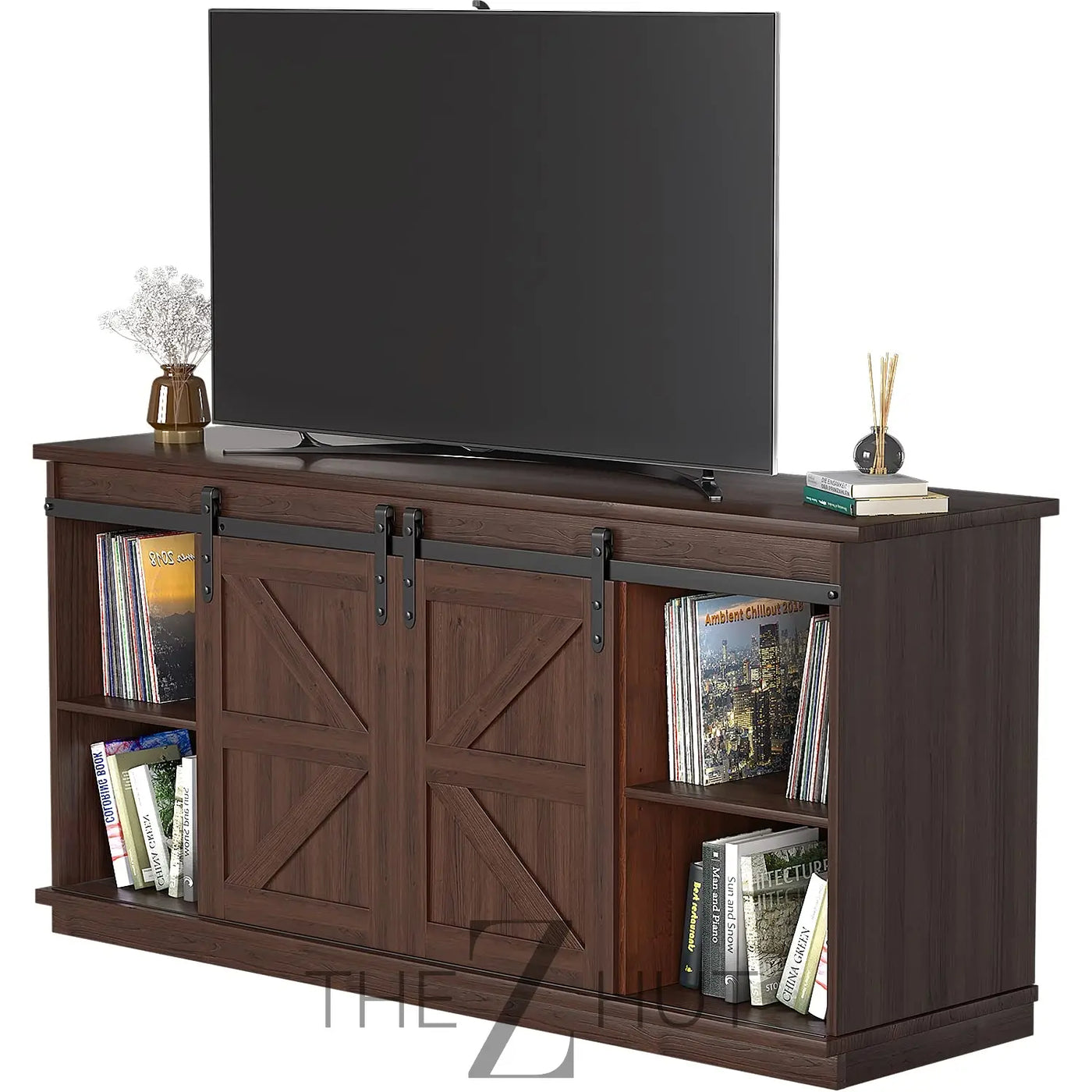JUMMICO TV Stand for 65 Inch TV, Entertainment Center with Storage Cabinets and Sliding Barn Doors, Mid Century Modern Media TV Console Table for Living Room Bedroom (Bright White) THE Z HUT
