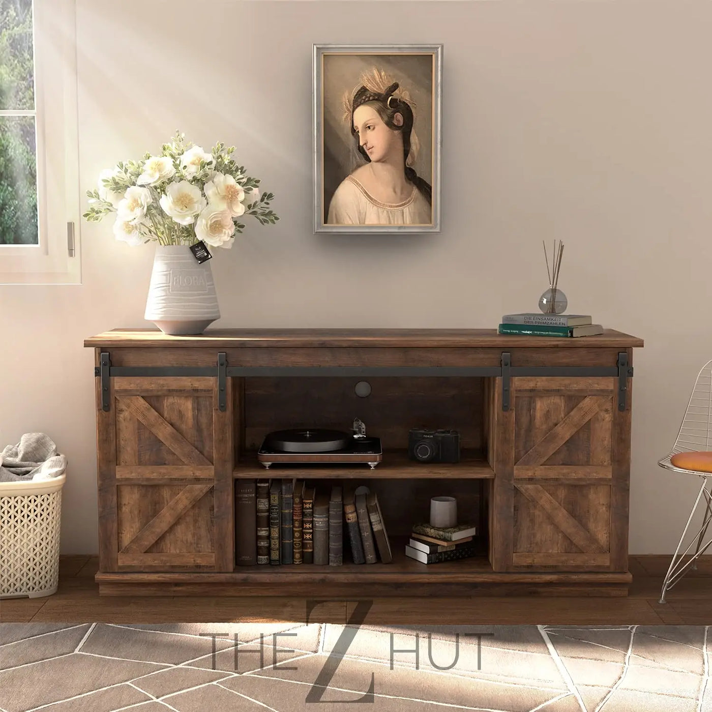 JUMMICO TV Stand for 65 Inch TV, Entertainment Center with Storage Cabinets and Sliding Barn Doors, Mid Century Modern Media TV Console Table for Living Room Bedroom (Bright White) THE Z HUT