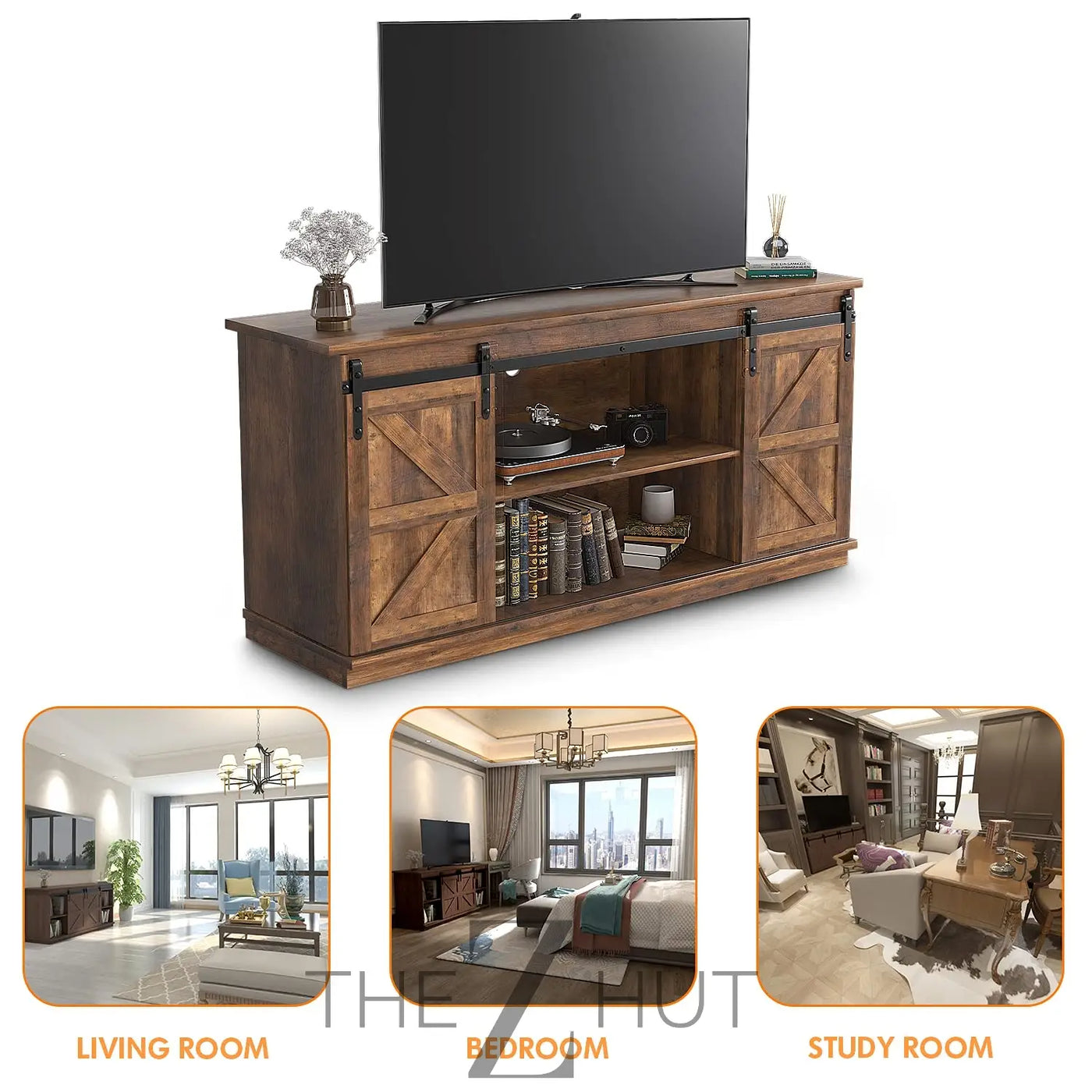 JUMMICO TV Stand for 65 Inch TV, Entertainment Center with Storage Cabinets and Sliding Barn Doors, Mid Century Modern Media TV Console Table for Living Room Bedroom (Bright White) THE Z HUT