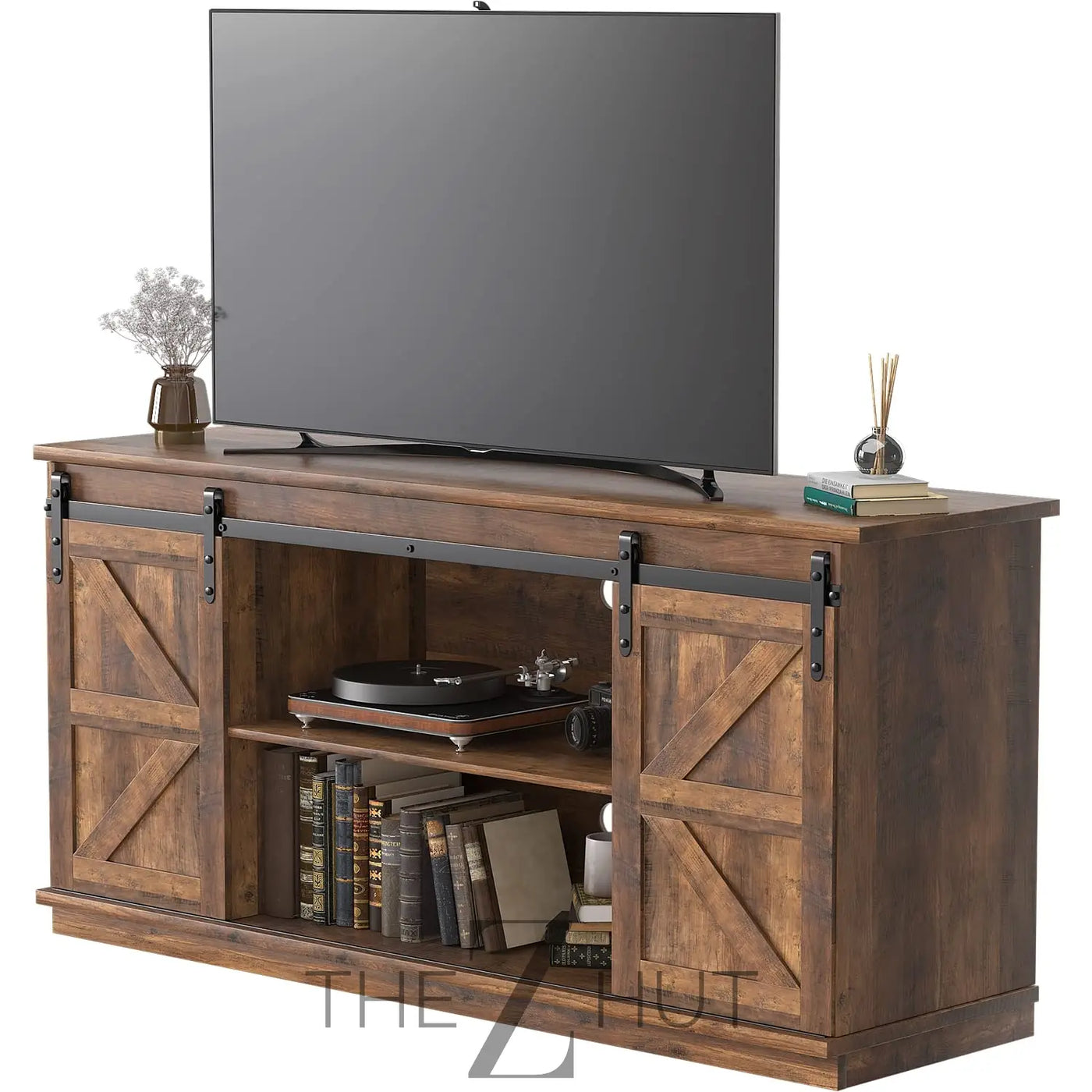 JUMMICO TV Stand for 65 Inch TV, Entertainment Center with Storage Cabinets and Sliding Barn Doors, Mid Century Modern Media TV Console Table for Living Room Bedroom (Bright White) THE Z HUT