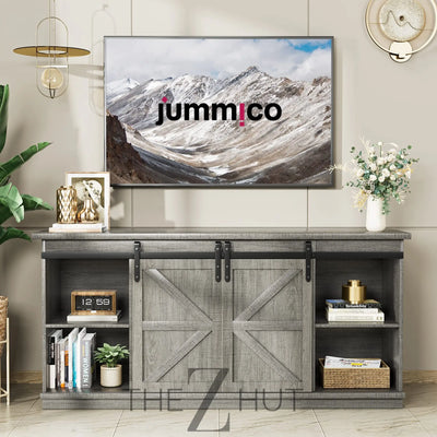 JUMMICO TV Stand for 65 Inch TV, Entertainment Center with Storage Cabinets and Sliding Barn Doors, Mid Century Modern Media TV Console Table for Living Room Bedroom (Bright White) THE Z HUT