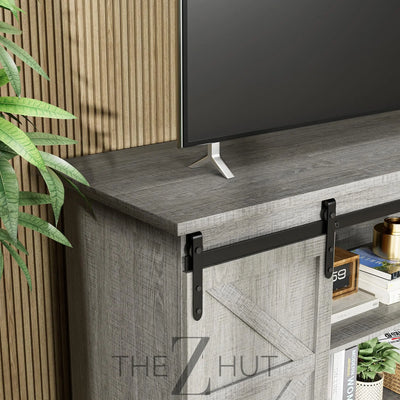 JUMMICO TV Stand for 65 Inch TV, Entertainment Center with Storage Cabinets and Sliding Barn Doors, Mid Century Modern Media TV Console Table for Living Room Bedroom (Bright White) THE Z HUT