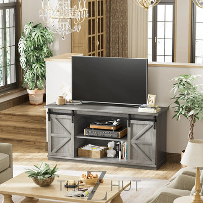 JUMMICO TV Stand for 65 Inch TV, Entertainment Center with Storage Cabinets and Sliding Barn Doors, Mid Century Modern Media TV Console Table for Living Room Bedroom (Bright White) THE Z HUT