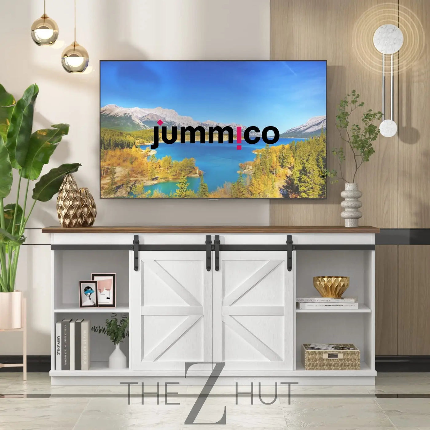 JUMMICO TV Stand for 65 Inch TV, Entertainment Center with Storage Cabinets and Sliding Barn Doors, Mid Century Modern Media TV Console Table for Living Room Bedroom (Bright White) THE Z HUT