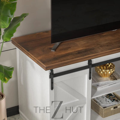 JUMMICO TV Stand for 65 Inch TV, Entertainment Center with Storage Cabinets and Sliding Barn Doors, Mid Century Modern Media TV Console Table for Living Room Bedroom (Bright White) THE Z HUT