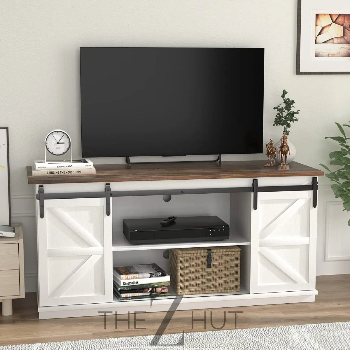 JUMMICO TV Stand for 65 Inch TV, Entertainment Center with Storage Cabinets and Sliding Barn Doors, Mid Century Modern Media TV Console Table for Living Room Bedroom (Bright White) THE Z HUT
