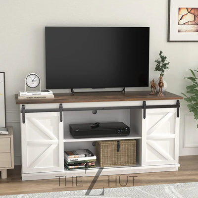 JUMMICO TV Stand for 65 Inch TV, Entertainment Center with Storage Cabinets and Sliding Barn Doors, Mid Century Modern Media TV Console Table for Living Room Bedroom (Bright White) THE Z HUT