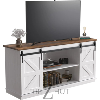 JUMMICO TV Stand for 65 Inch TV, Entertainment Center with Storage Cabinets and Sliding Barn Doors, Mid Century Modern Media TV Console Table for Living Room Bedroom (Bright White) THE Z HUT