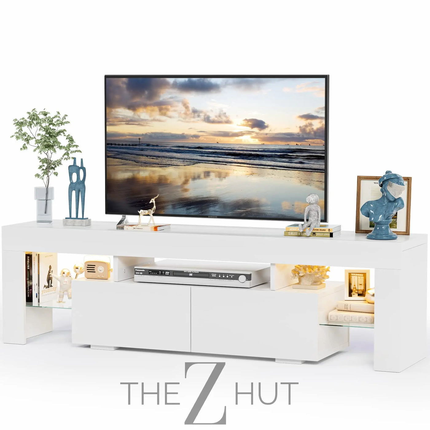 JUMMICO TV Stand, Modern Lighting TV Cabinet Entertainment Center Media and Open Shelf, TV Console Table with 1 Drawer and Remote Control, 20 Color LED Lights up to 70 Inch TV (White) THE Z HUT