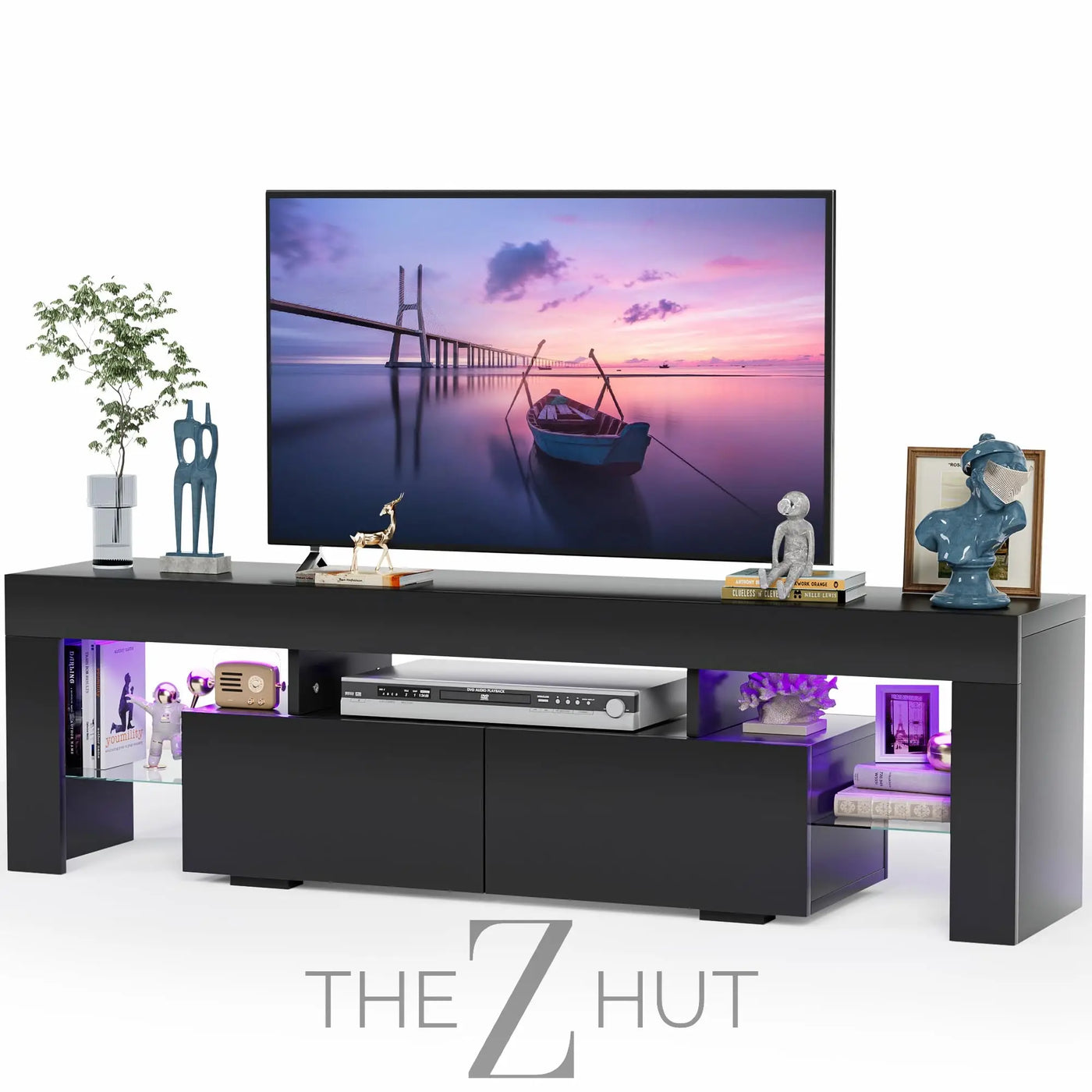 JUMMICO TV Stand, Modern Lighting TV Cabinet Entertainment Center Media and Open Shelf, TV Console Table with 1 Drawer and Remote Control, 20 Color LED Lights up to 70 Inch TV (White) THE Z HUT