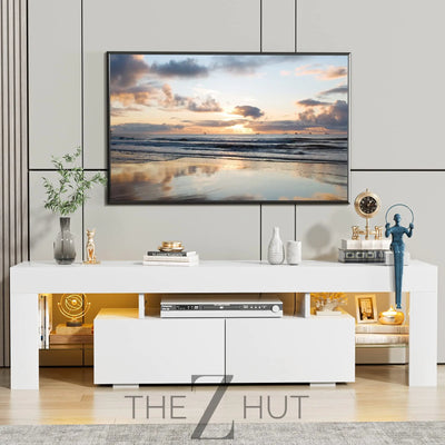 JUMMICO TV Stand, Modern Lighting TV Cabinet Entertainment Center Media and Open Shelf, TV Console Table with 1 Drawer and Remote Control, 20 Color LED Lights up to 70 Inch TV (White) THE Z HUT