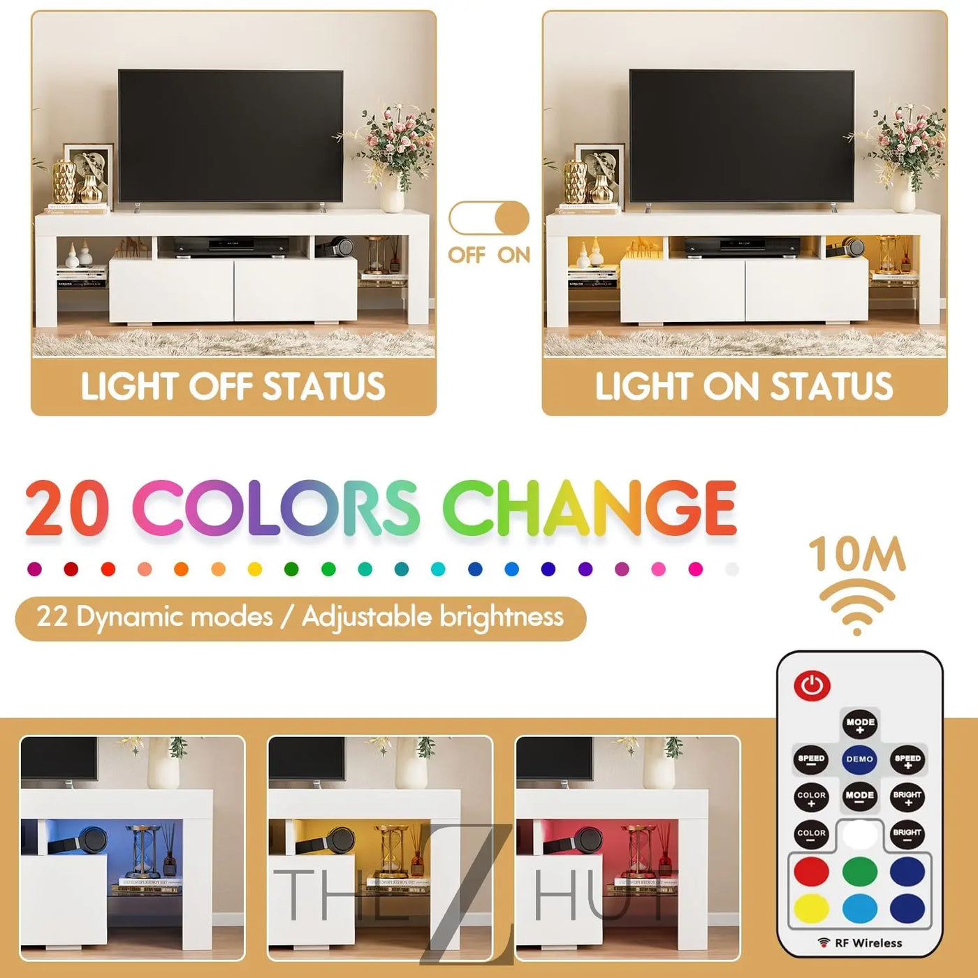 JUMMICO TV Stand, Modern Lighting TV Cabinet Entertainment Center Media and Open Shelf, TV Console Table with 1 Drawer and Remote Control, 20 Color LED Lights up to 70 Inch TV (White) THE Z HUT