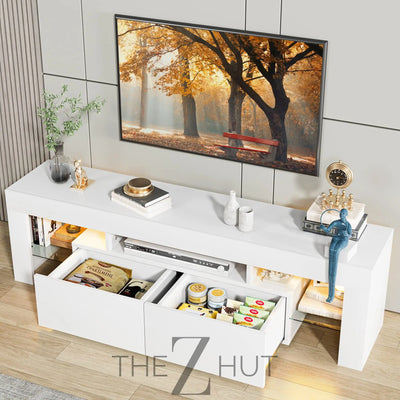 JUMMICO TV Stand, Modern Lighting TV Cabinet Entertainment Center Media and Open Shelf, TV Console Table with 1 Drawer and Remote Control, 20 Color LED Lights up to 70 Inch TV (White) THE Z HUT