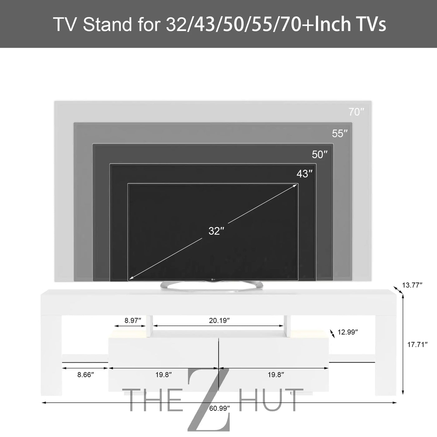 JUMMICO TV Stand, Modern Lighting TV Cabinet Entertainment Center Media and Open Shelf, TV Console Table with 1 Drawer and Remote Control, 20 Color LED Lights up to 70 Inch TV (White) THE Z HUT