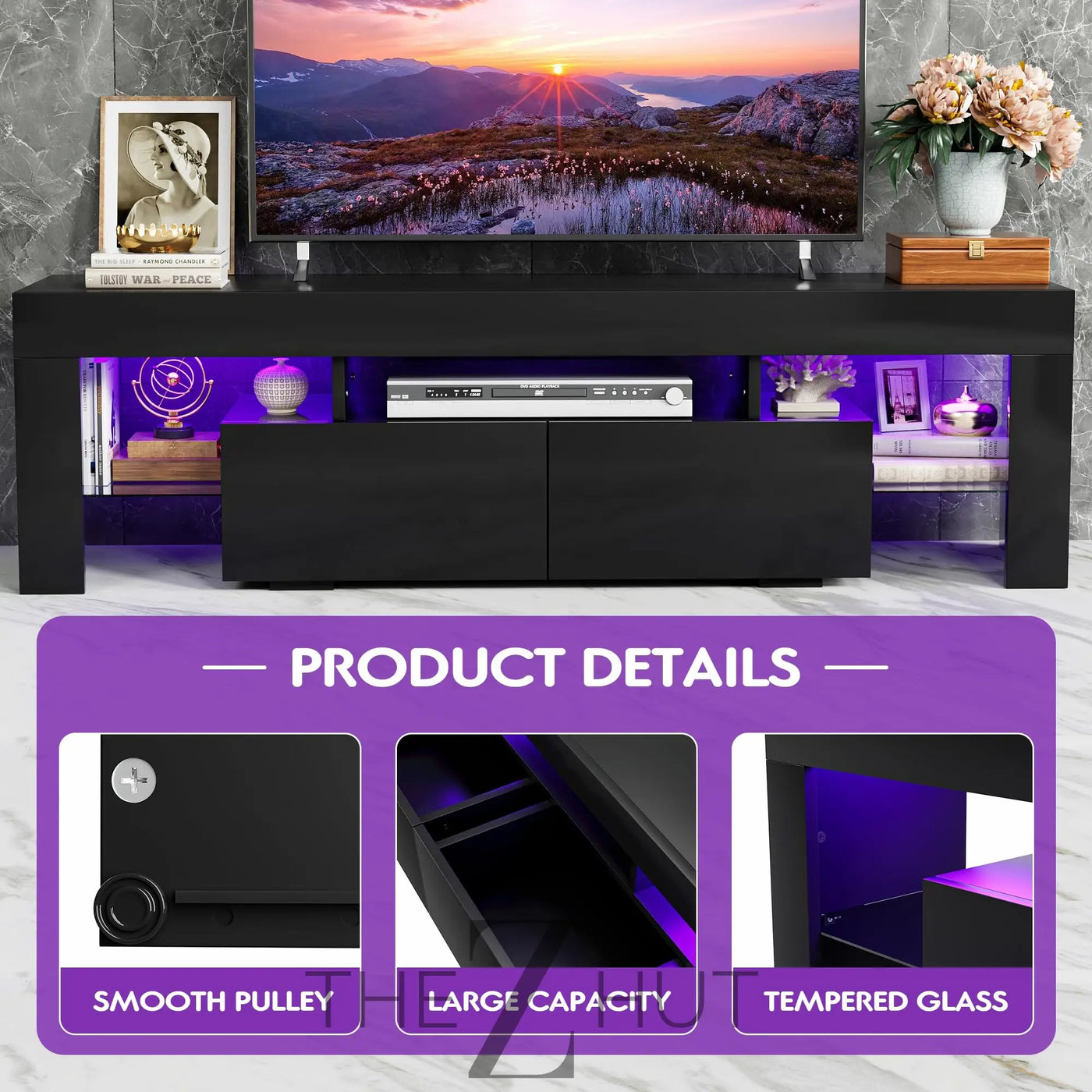 JUMMICO TV Stand, Modern Lighting TV Cabinet Entertainment Center Media and Open Shelf, TV Console Table with 1 Drawer and Remote Control, 20 Color LED Lights up to 70 Inch TV (White) THE Z HUT