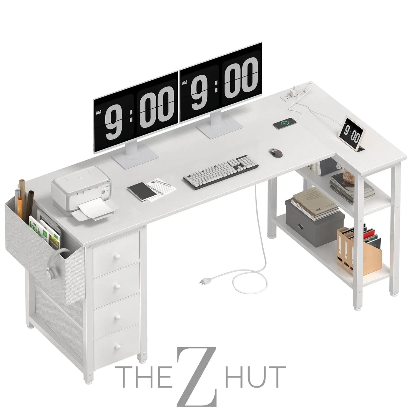 Lufeiya White L Shaped Computer Desk with Drawers & Storage Shelves, 47 Inch Corner Reversible Desk with Power Outlet for Home Office Bedroom, L-Shaped Teen PC Desks with Fabric Drawer, White THE Z HUT