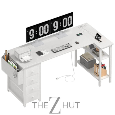 Lufeiya White L Shaped Computer Desk with Drawers & Storage Shelves, 47 Inch Corner Reversible Desk with Power Outlet for Home Office Bedroom, L-Shaped Teen PC Desks with Fabric Drawer, White THE Z HUT