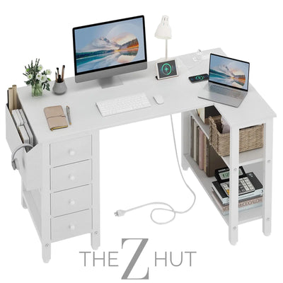 Lufeiya White L Shaped Computer Desk with Drawers & Storage Shelves, 47 Inch Corner Reversible Desk with Power Outlet for Home Office Bedroom, L-Shaped Teen PC Desks with Fabric Drawer, White THE Z HUT