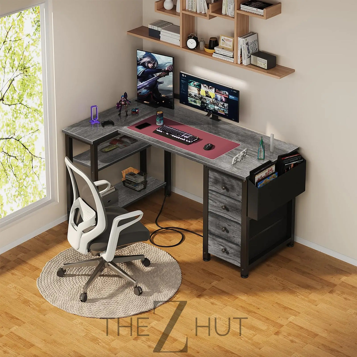 Lufeiya White L Shaped Computer Desk with Drawers & Storage Shelves, 47 Inch Corner Reversible Desk with Power Outlet for Home Office Bedroom, L-Shaped Teen PC Desks with Fabric Drawer, White THE Z HUT