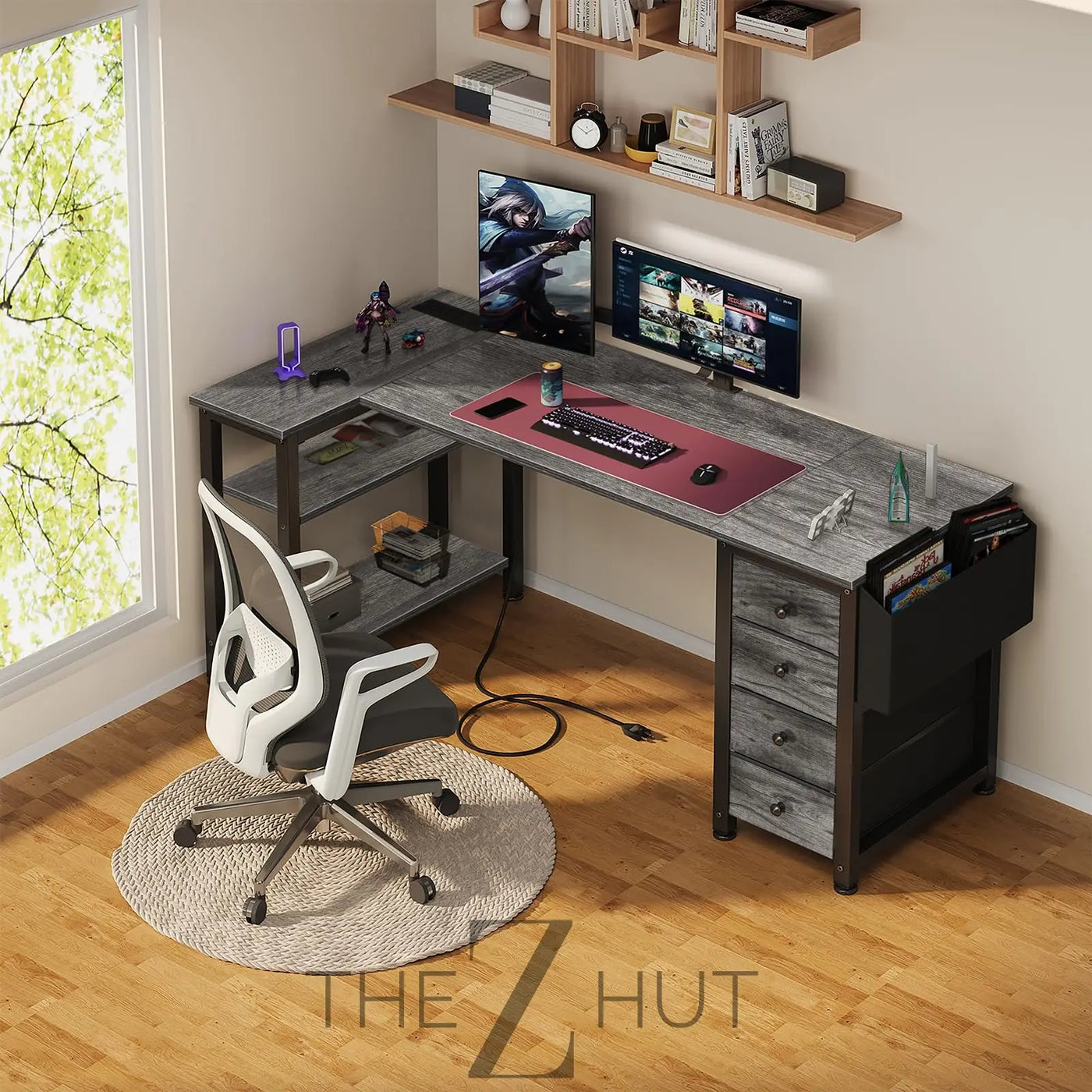 Lufeiya White L Shaped Computer Desk with Drawers & Storage Shelves, 47 Inch Corner Reversible Desk with Power Outlet for Home Office Bedroom, L-Shaped Teen PC Desks with Fabric Drawer, White THE Z HUT
