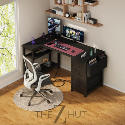Lufeiya White L Shaped Computer Desk with Drawers & Storage Shelves, 47 Inch Corner Reversible Desk with Power Outlet for Home Office Bedroom, L-Shaped Teen PC Desks with Fabric Drawer, White THE Z HUT