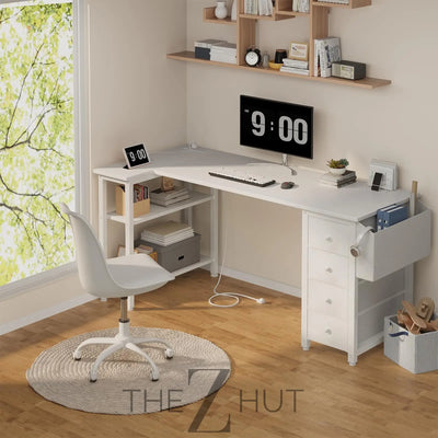 Lufeiya White L Shaped Computer Desk with Drawers & Storage Shelves, 47 Inch Corner Reversible Desk with Power Outlet for Home Office Bedroom, L-Shaped Teen PC Desks with Fabric Drawer, White THE Z HUT