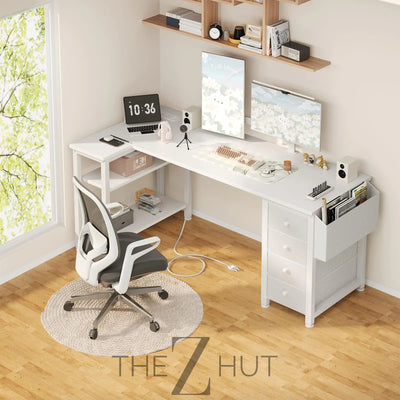 Lufeiya White L Shaped Computer Desk with Drawers & Storage Shelves, 47 Inch Corner Reversible Desk with Power Outlet for Home Office Bedroom, L-Shaped Teen PC Desks with Fabric Drawer, White THE Z HUT