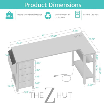 Lufeiya White L Shaped Computer Desk with Drawers & Storage Shelves, 47 Inch Corner Reversible Desk with Power Outlet for Home Office Bedroom, L-Shaped Teen PC Desks with Fabric Drawer, White THE Z HUT