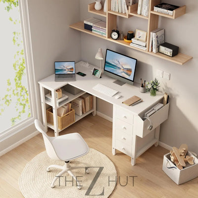 Lufeiya White L Shaped Computer Desk with Drawers & Storage Shelves, 47 Inch Corner Reversible Desk with Power Outlet for Home Office Bedroom, L-Shaped Teen PC Desks with Fabric Drawer, White THE Z HUT