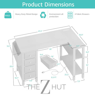 Lufeiya White L Shaped Computer Desk with Drawers & Storage Shelves, 47 Inch Corner Reversible Desk with Power Outlet for Home Office Bedroom, L-Shaped Teen PC Desks with Fabric Drawer, White THE Z HUT
