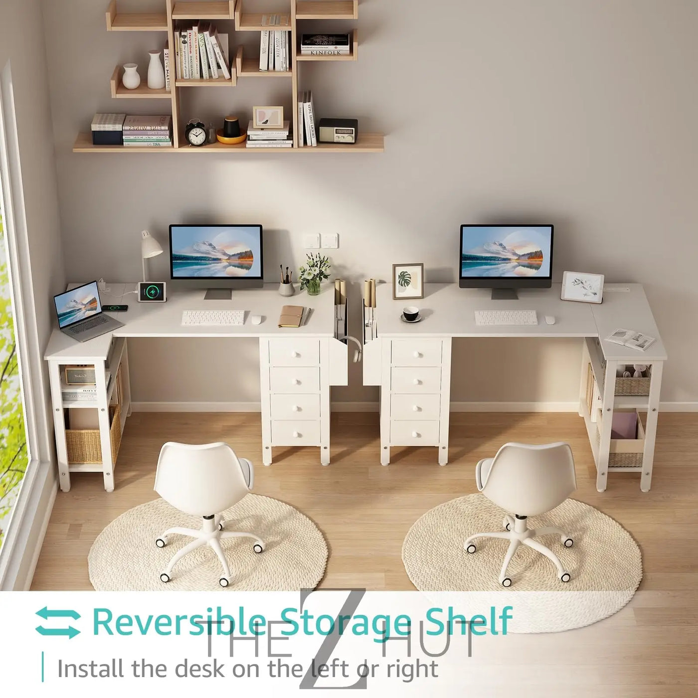 Lufeiya White L Shaped Computer Desk with Drawers & Storage Shelves, 47 Inch Corner Reversible Desk with Power Outlet for Home Office Bedroom, L-Shaped Teen PC Desks with Fabric Drawer, White THE Z HUT