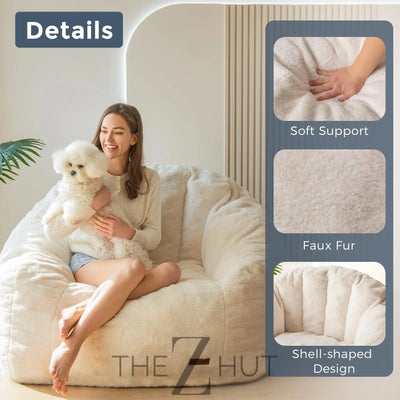 MAXYOYO Giant Bean Bag Chair, Oversized Bean Bag Couch for Adults and Kids, Faux Fur Shell-Shaped Large Chair with Filler, Stuffed Big Accent Sofa Lounge Floor Sofa for Gaming, Reading, Beige THE Z HUT