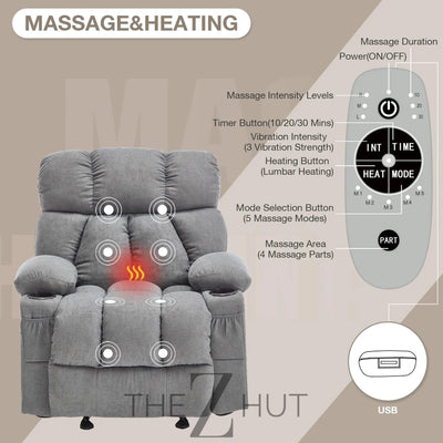 Massage Rocker Recliner Chair with Heat and Vibration Ergonomic Rocking Lounge Chair for Living Room Comfy Overstuffed Recliner with 4 Side Pockets,2 Cup Holders, USB Charge Port, Grey THE Z HUT