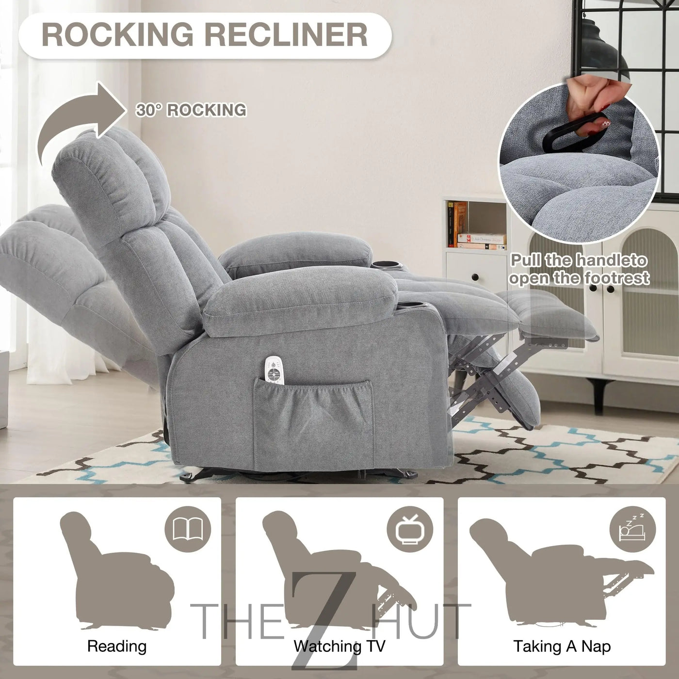 Massage Rocker Recliner Chair with Heat and Vibration Ergonomic Rocking Lounge Chair for Living Room Comfy Overstuffed Recliner with 4 Side Pockets,2 Cup Holders, USB Charge Port, Grey THE Z HUT