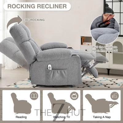 Massage Rocker Recliner Chair with Heat and Vibration Ergonomic Rocking Lounge Chair for Living Room Comfy Overstuffed Recliner with 4 Side Pockets,2 Cup Holders, USB Charge Port, Grey THE Z HUT