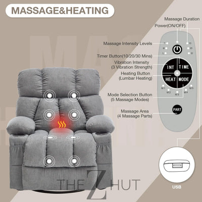 Massage Rocker Recliner Chair with Heat and Vibration Ergonomic Rocking Lounge Chair for Living Room Comfy Overstuffed Recliner with 4 Side Pockets,2 Cup Holders, USB Charge Port, Grey THE Z HUT
