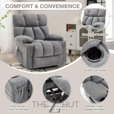 Massage Rocker Recliner Chair with Heat and Vibration Ergonomic Rocking Lounge Chair for Living Room Comfy Overstuffed Recliner with 4 Side Pockets,2 Cup Holders, USB Charge Port, Grey THE Z HUT