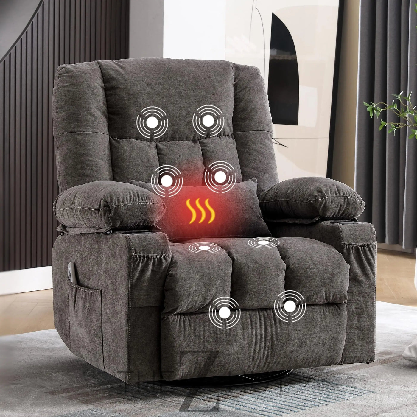 Massage Swivel Recliner Chair, Oversized Rocker Recliner with Vibration Massage and Lumbar Heat Ergonomic Rocker Chair for Living Room with Side Pocket, 2 Cup Holders, USB Charge Port THE Z HUT