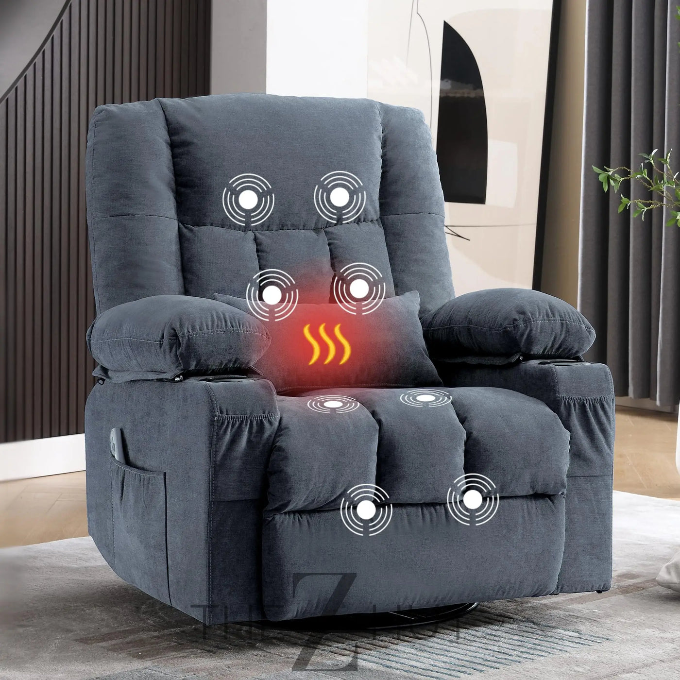 Massage Swivel Recliner Chair, Oversized Rocker Recliner with Vibration Massage and Lumbar Heat Ergonomic Rocker Chair for Living Room with Side Pocket, 2 Cup Holders, USB Charge Port THE Z HUT