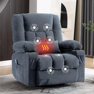 Massage Swivel Recliner Chair, Oversized Rocker Recliner with Vibration Massage and Lumbar Heat Ergonomic Rocker Chair for Living Room with Side Pocket, 2 Cup Holders, USB Charge Port THE Z HUT