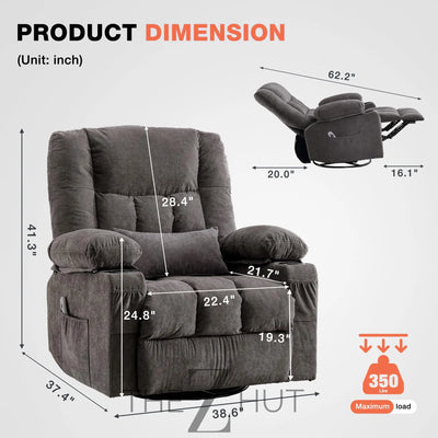 Massage Swivel Recliner Chair, Oversized Rocker Recliner with Vibration Massage and Lumbar Heat Ergonomic Rocker Chair for Living Room with Side Pocket, 2 Cup Holders, USB Charge Port THE Z HUT